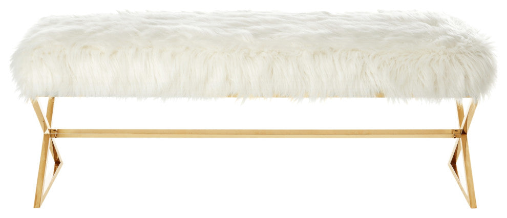 Oria Faux Fur X-Leg Base Bench, White and  Gold