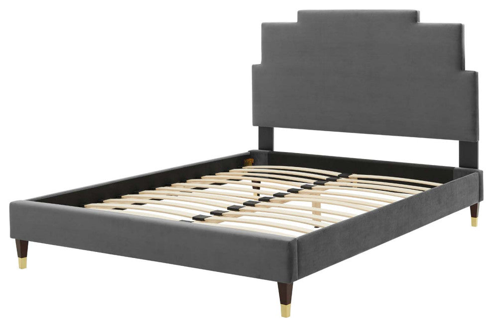 Platform Bed Frame, King Size, Velvet, Dark Gray, Modern Contemporary
