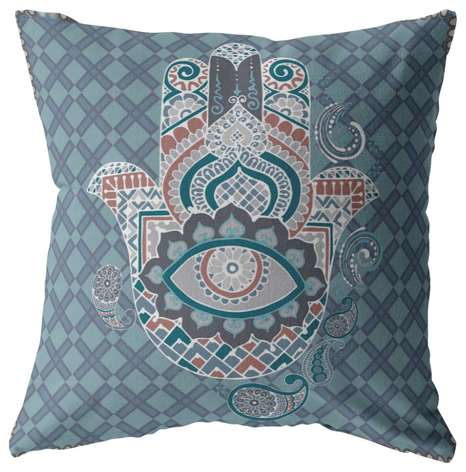 16 Slate Blue Hamsa Boho Suede Throw Pillow
