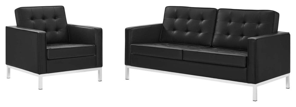 Tufted Armchair and Loveseat Sofa Set, Faux Leather, Silver Black, Modern
