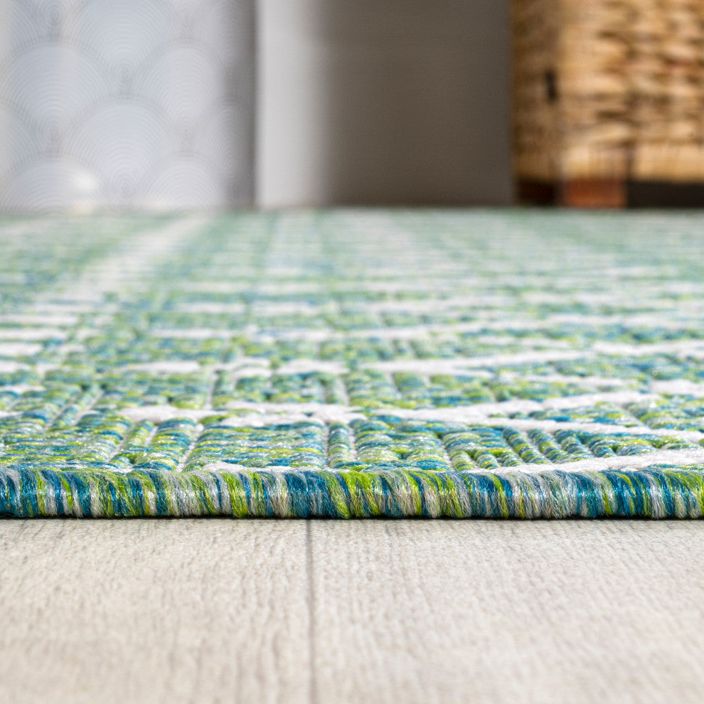 Ourika Moroccan Geometric Indoor/Outdoor Rug, Ivory/Green, 5' Square
