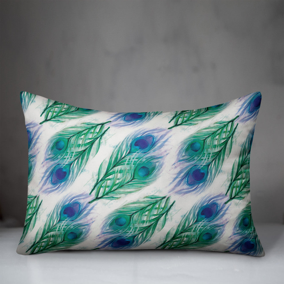 Watercolor Peacock Feathers 5 14x20 Spun Poly Pillow