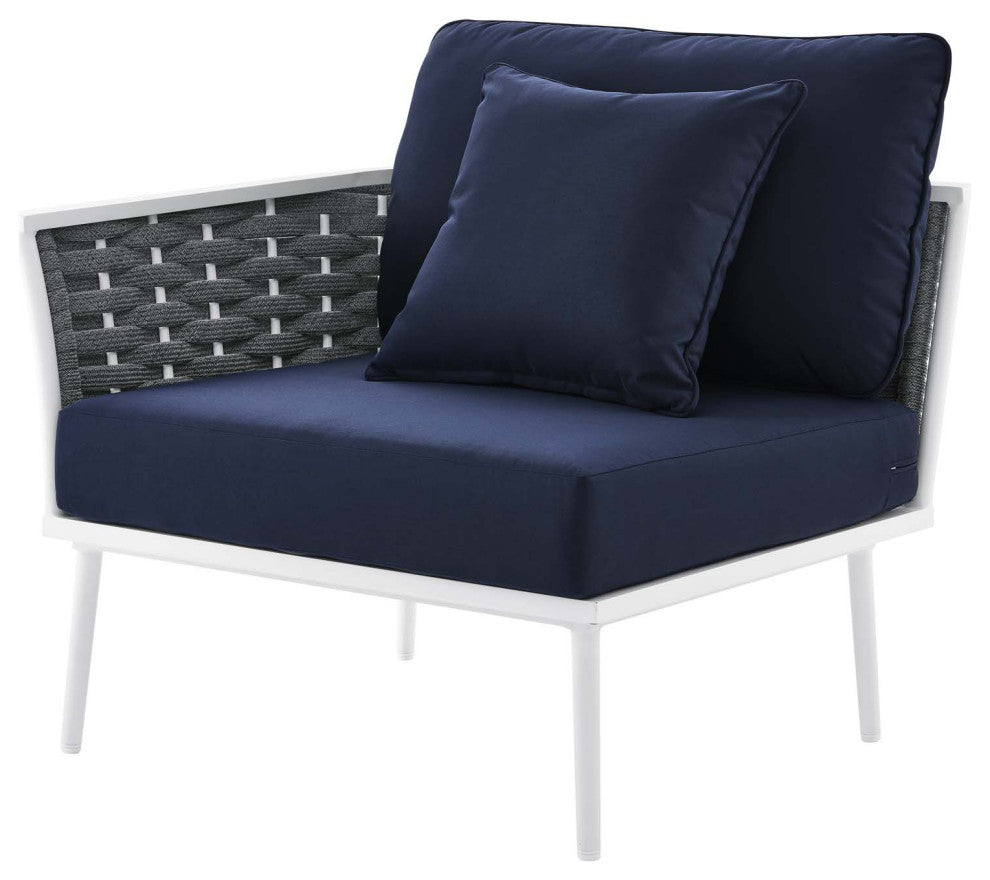 Lounge Sectional Sofa Chair Table Set, Navy White, Aluminum, Modern, Outdoor