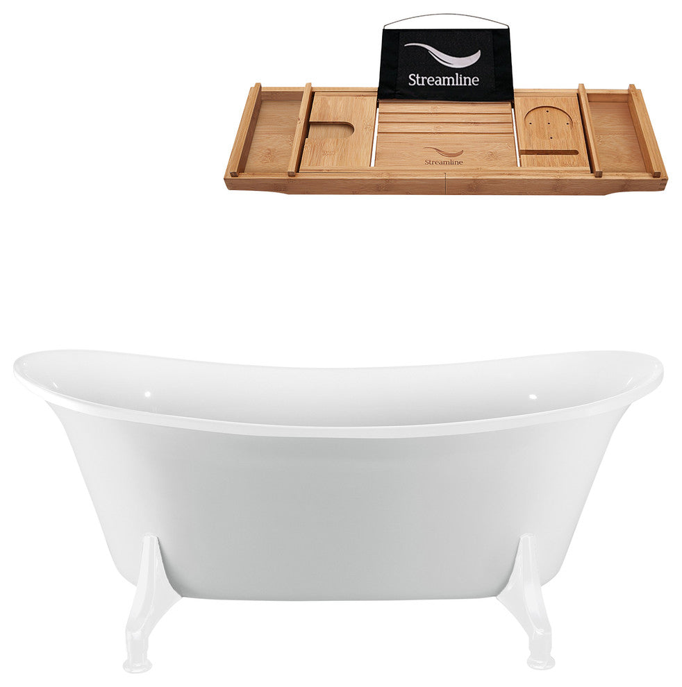70" White Clawfoot Tub and Tray, White Feet, Chrome Internal Drain