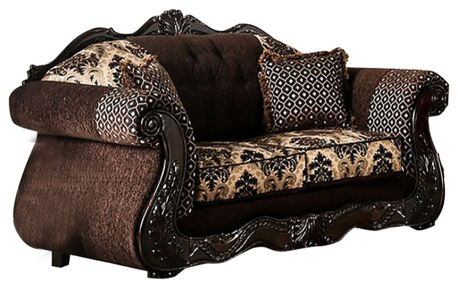 Chenille Love Seat with Button Tufting Design, Dark Brown