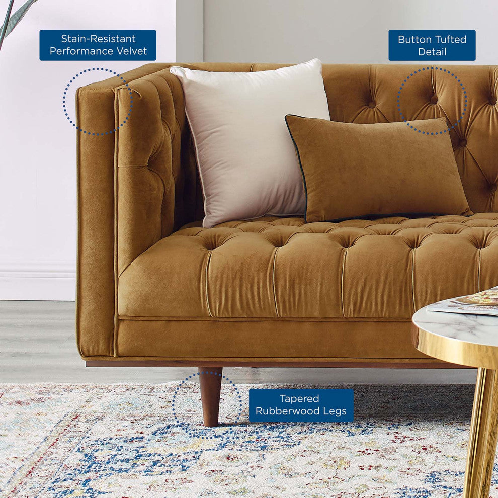Tufted Sofa, Velvet, Brown, Modern, Living Lounge Room Hotel Lobby Hospitality