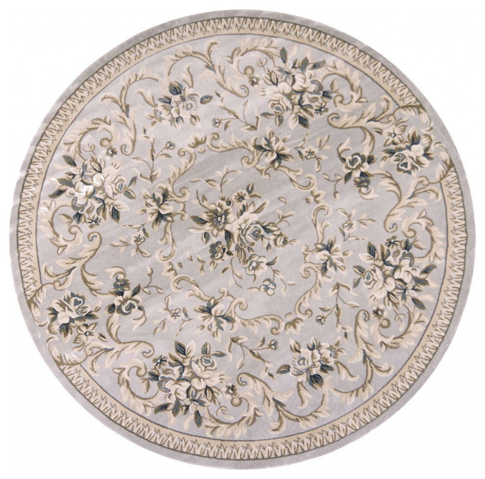 HomeRoots 8' Light Grey Machine Woven Floral Traditional Round Indoor Area Rug