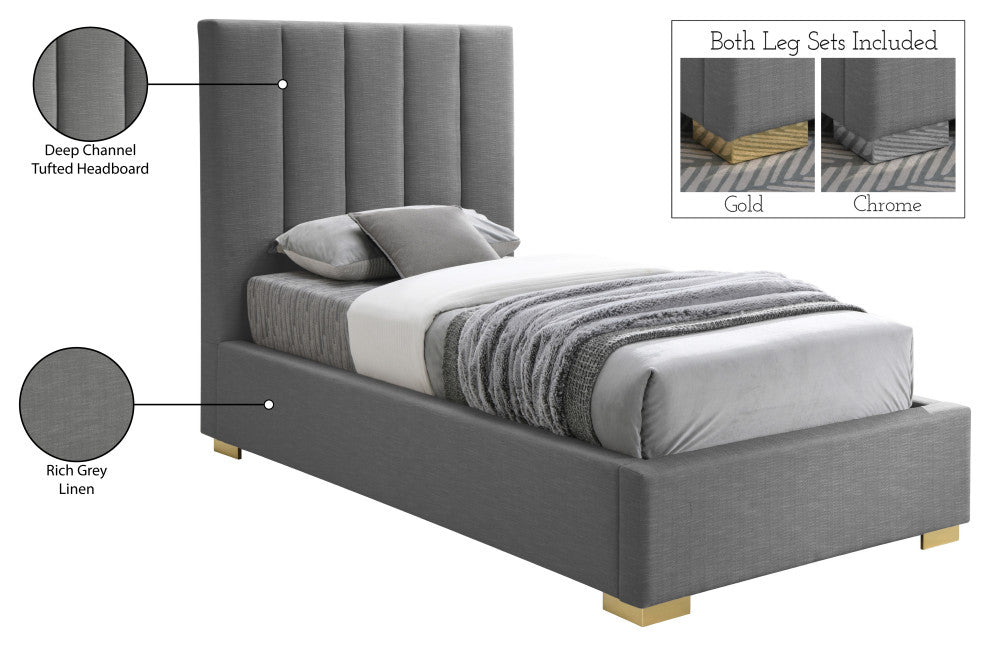 Pierce Linen Textured Fabric Upholstered Bed, Gray, Twin