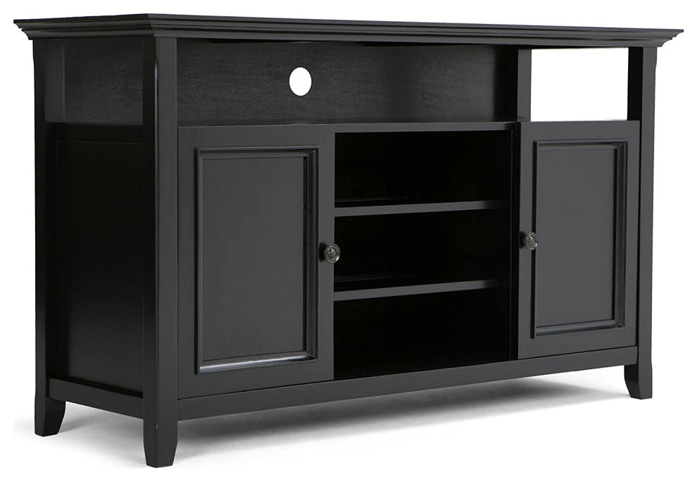 Transitional Black TV Stand, Open Shelves & Side Cabinets With Doors