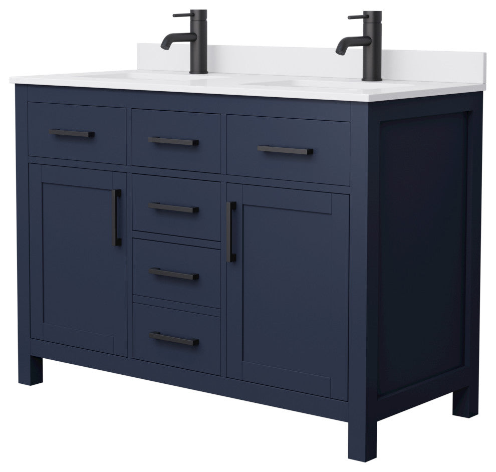 48"DBL Vanity Dark Blue, White Cult. Marble Countertop, Sinks, Black Trim