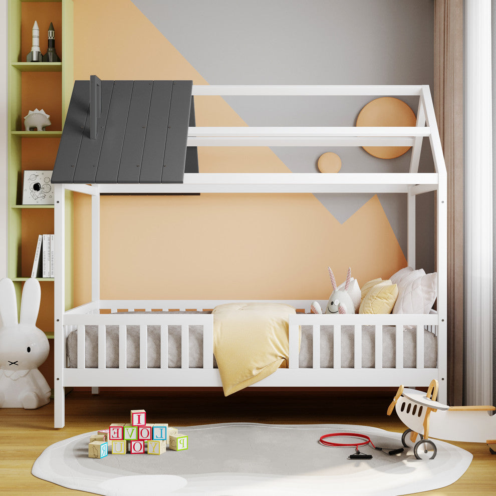 Gewnee Wood Twin Size House Bed with Fence and Roof,Gray/White
