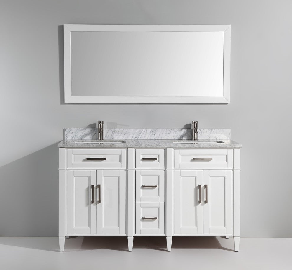 Vanity Set With Carrara Marble Top, 60", White, Standard Mirror