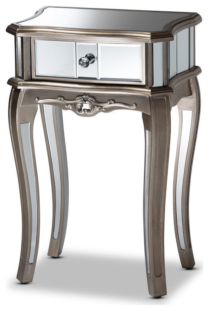 Elgin Brushed Silver Finished Wood and Mirrored Glass 1-Drawer Nightstand