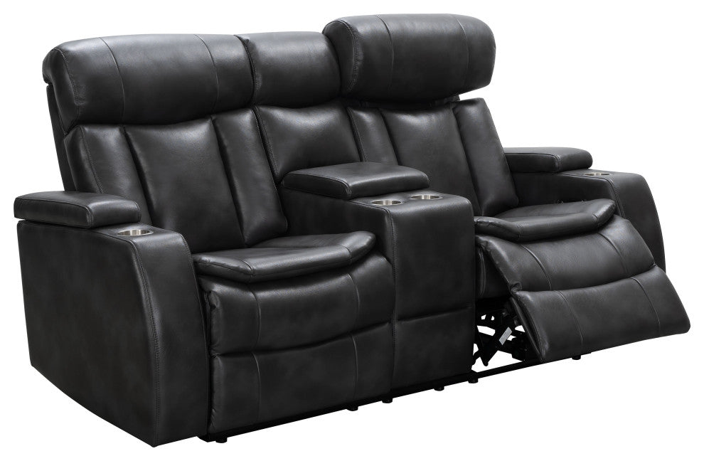 Marley Leather Power Reclining Console Loveseat, Power Headrest, Black