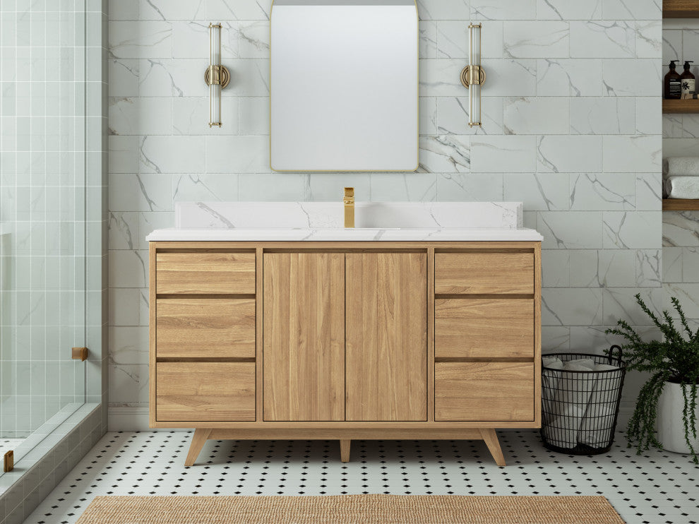 Madison Teak 60 Single Bathroom Vanity in Light Natural 1.5" Calacatta Laza