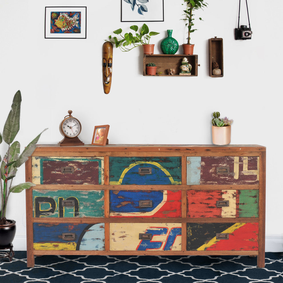 Dresser / Chest With 9 Drawers Made From Recycled Teak Wood Boats