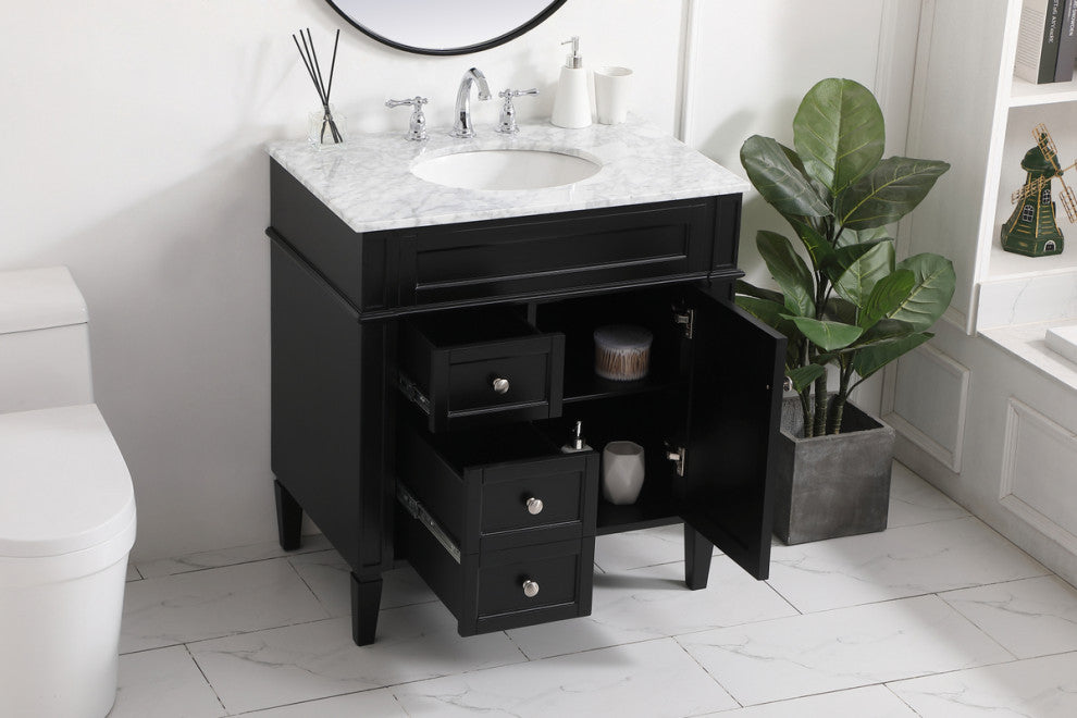 Home Living Vanity with Carrara White Marble Countertop, Black, 32", Single Sink
