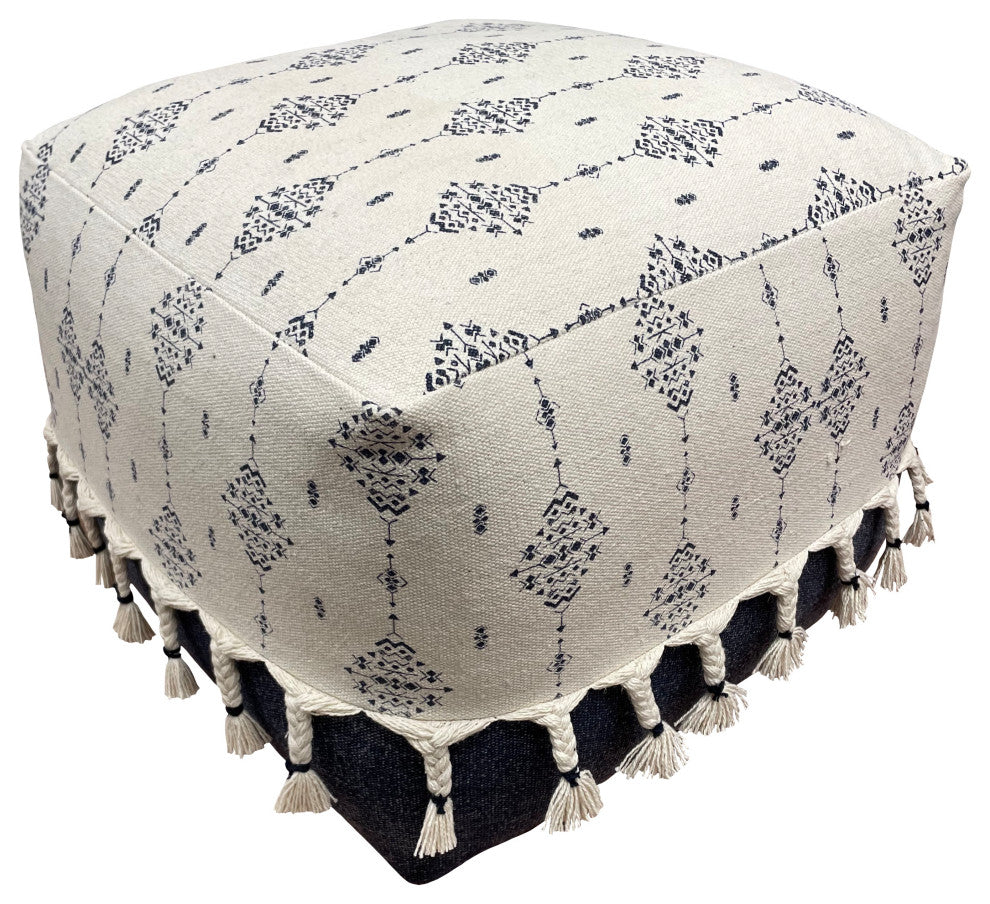 Navy and Ivory Scandinavian Ornamental Motif Pouf Ottoman