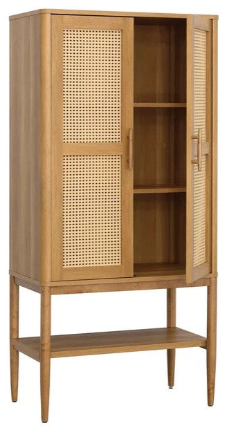 Tall Storage Cabinet with Rattan Front Doors and Adjustable Shelves, Light Honey