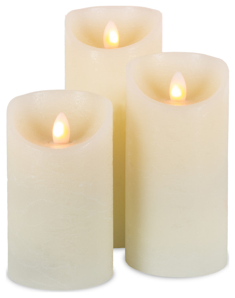 Set of 3 Bisque LED Pillar Candles With Aurora Flame and Remote Control