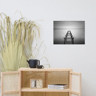 Soft Lake & Abandoned Pier Black & White Landscape Photo Loose Wall Art Print, 18" X 24"