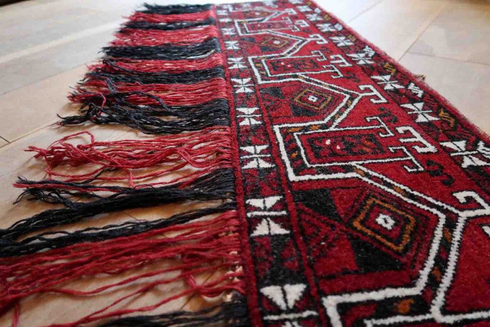 Handmade Vintage Turkmen Beshir Torba Rug 1.1'x4.1', 35cmx125cm, 1970s