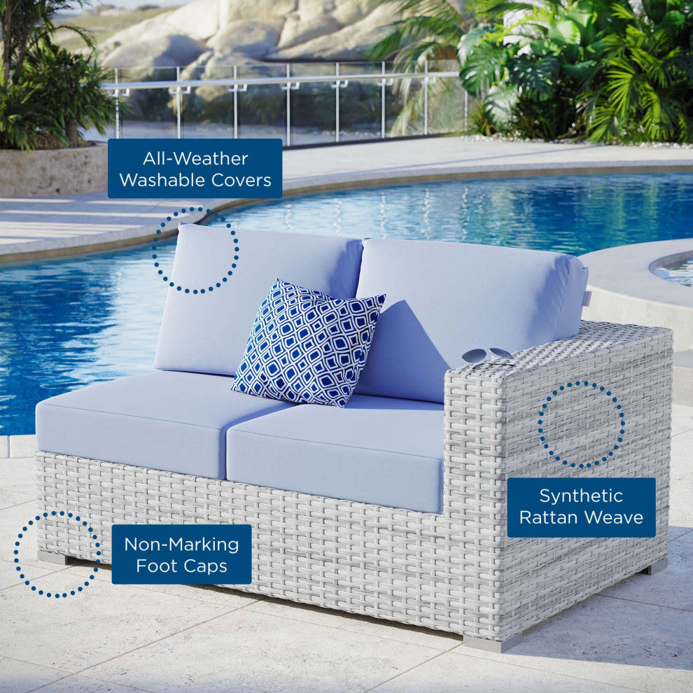 Lounge Loveseat Sofa, Rattan, Wicker, Gray Blue, Modern, Outdoor Patio Cafe