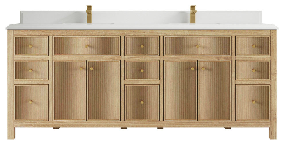 Sonoma 84 Double Sink Bath Vanity in Light Natural Teak with 1.5" White Quartz