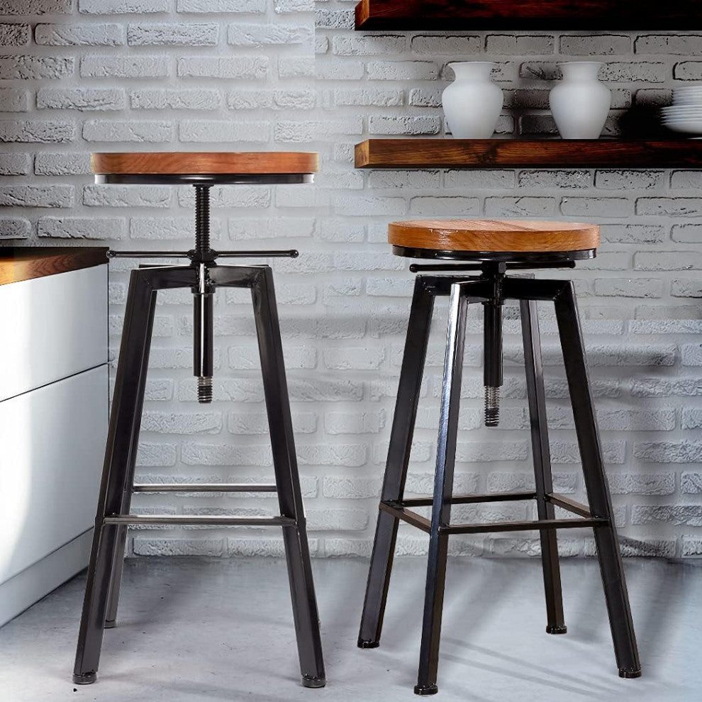Industrial-Styled Iron Rotating and Lifting Bar Stool Made of Solid Wood, Copper