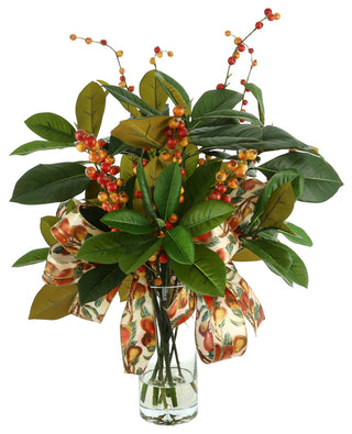 Magnolia Leaf and Berry Holiday Arrangement with Fruit Bows