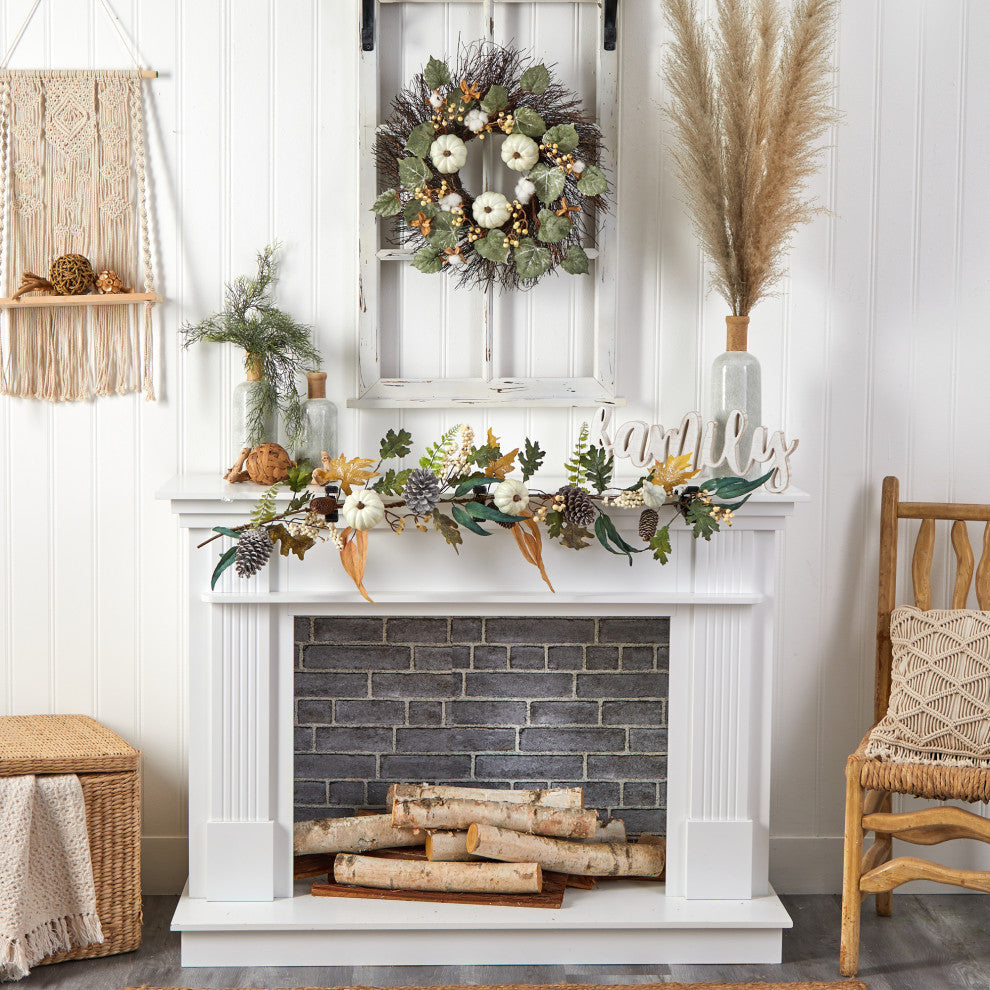 22" Autumn Green Pumpkin, Cotton and Berries Artificial Fall Wreath
