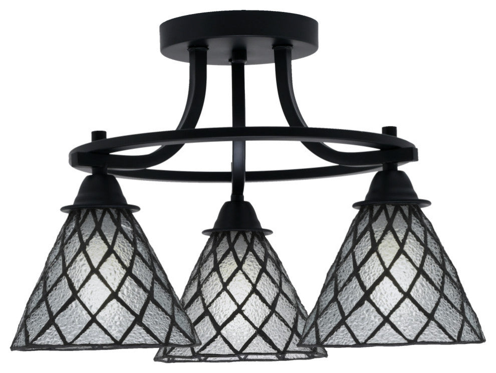 Paramount 3-Light Semi-Flush Light, Matte Black, 7" Diamond Ice Art Glass