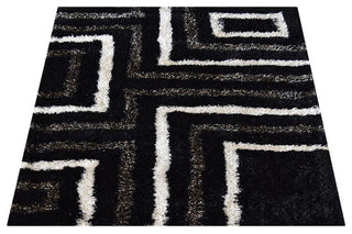 Hand Tufted Shag Polyester Area Rug Geometric Black Beige, 10'x10' Square