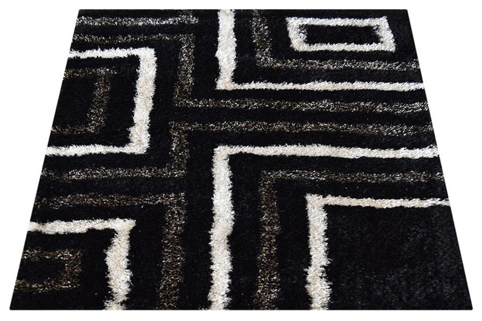 Hand Tufted Shag Polyester Area Rug Geometric Black Beige, 10'x10' Square