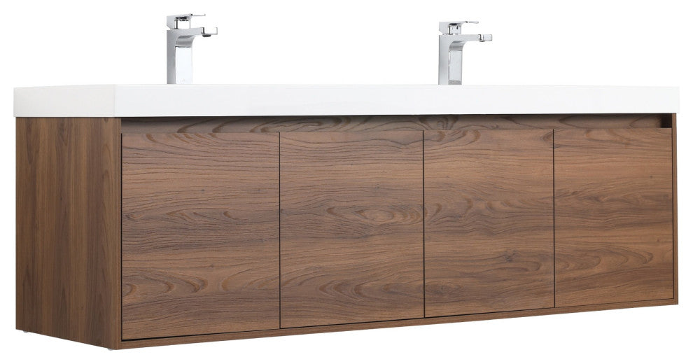 Wall Mounted Bathroom Vanity, Brown Walnut, 60'' W/ Double Sink