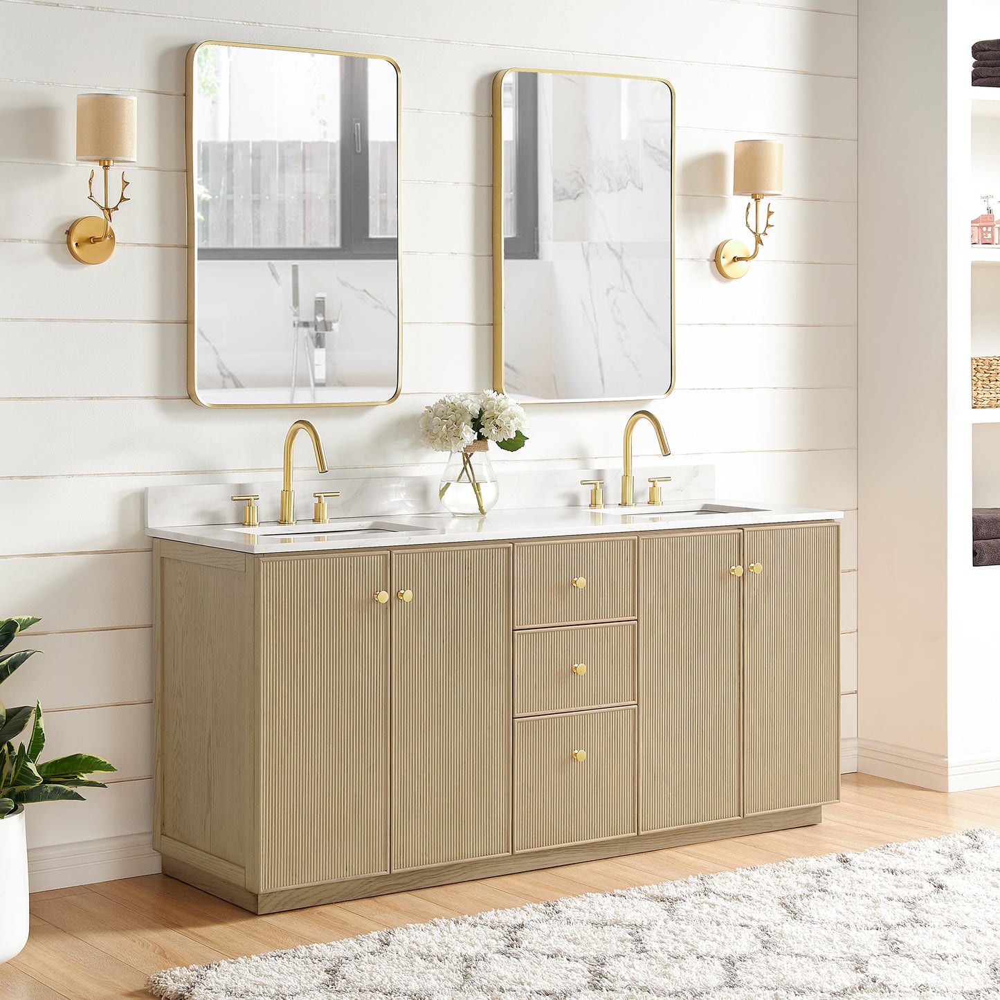 Oza Bath Vanity with Quartz Stone Top, Aged Natural Oak, 72", Double Vanity, No Mirror