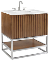 Terra Bathroom Vanity, Walnut/Brushed Nickel, 30", Calacatta Quartz Top