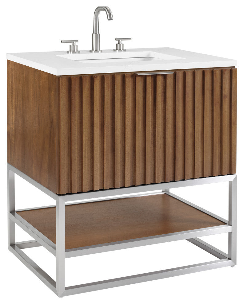 Terra Bathroom Vanity, Walnut/Brushed Nickel, 30", Calacatta Quartz Top