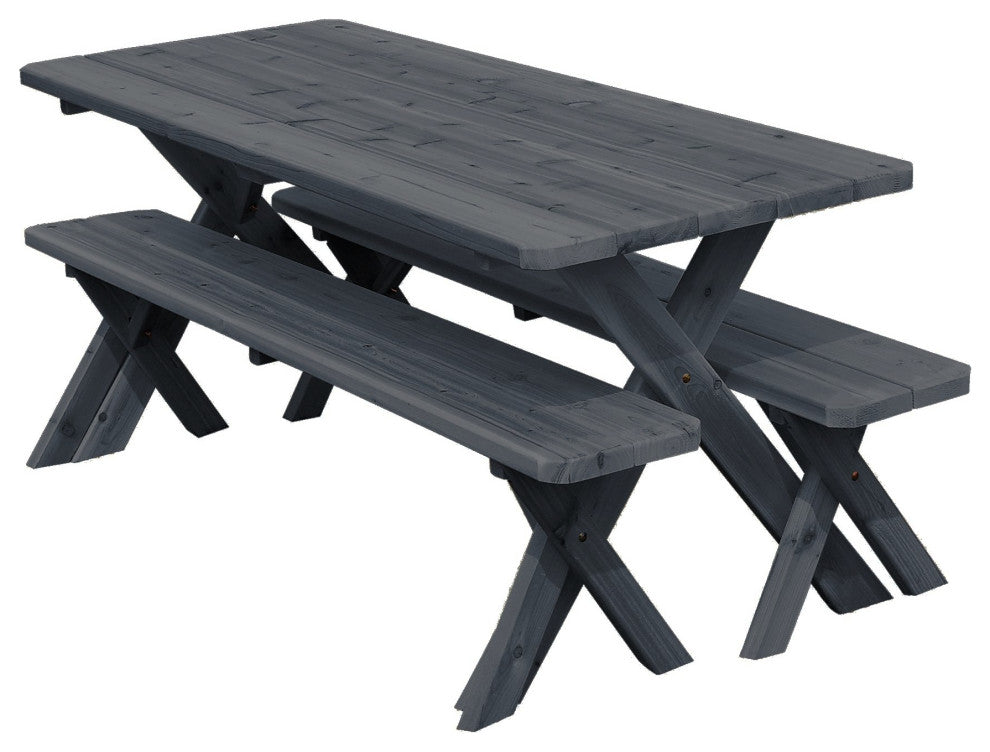 Cedar Cross-Leg Table with 2 Benches, Charcoal Stain, 8 Foot