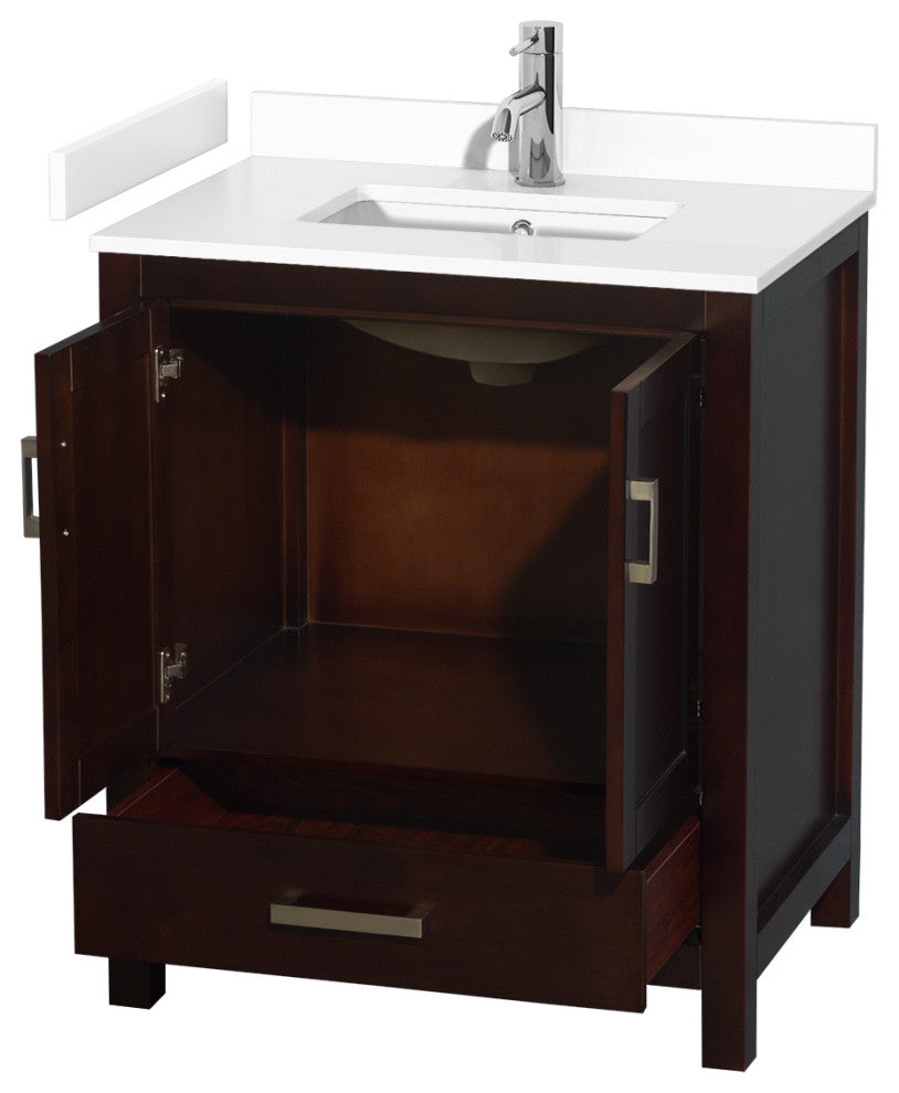 30" Single Bathroom Vanity, Espresso, White Cultured Marble Countertop, Sink