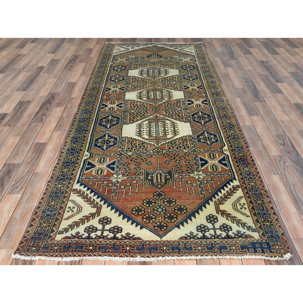 Mocha Brown Vintage Persian Heriz Hand Knotted Pure Wool Runner Rug, 4'0"x10'0"