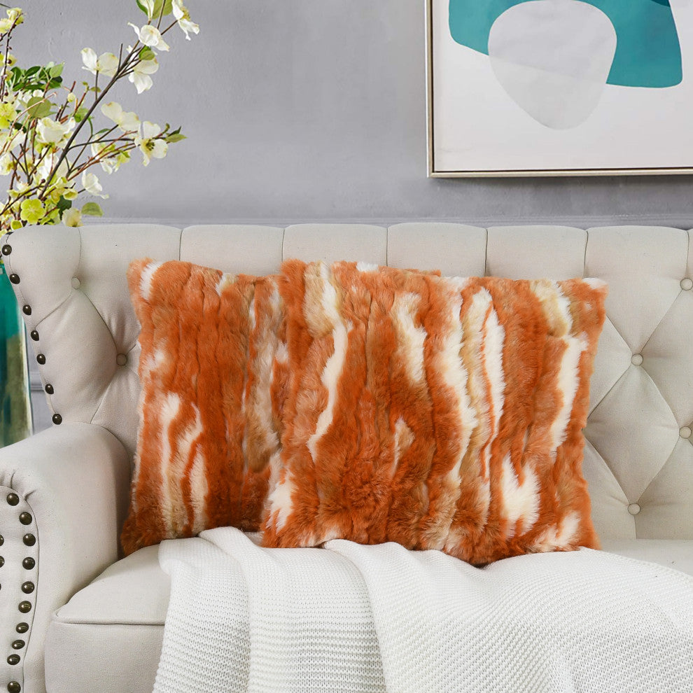 Jacquard Faux Fur Pillow Covers Set of 2, Burnt Orange, 26'' x 26''
