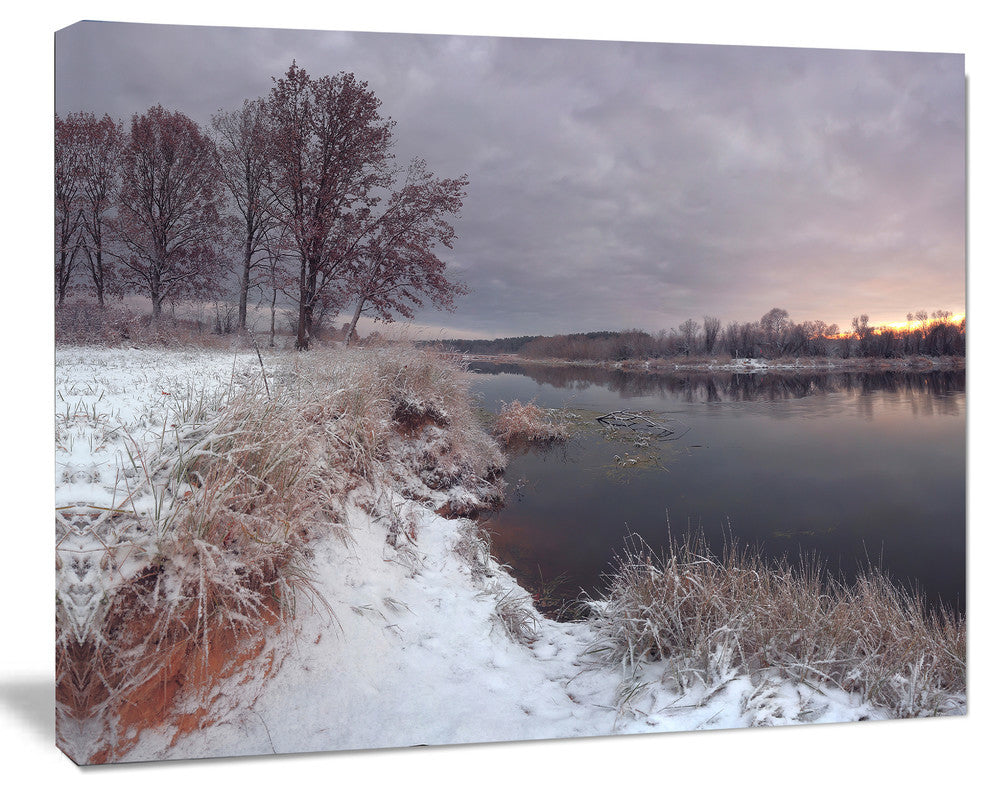 Winter River in Dark Morning, Seashore Wall Art on Canvas, 40"x30"