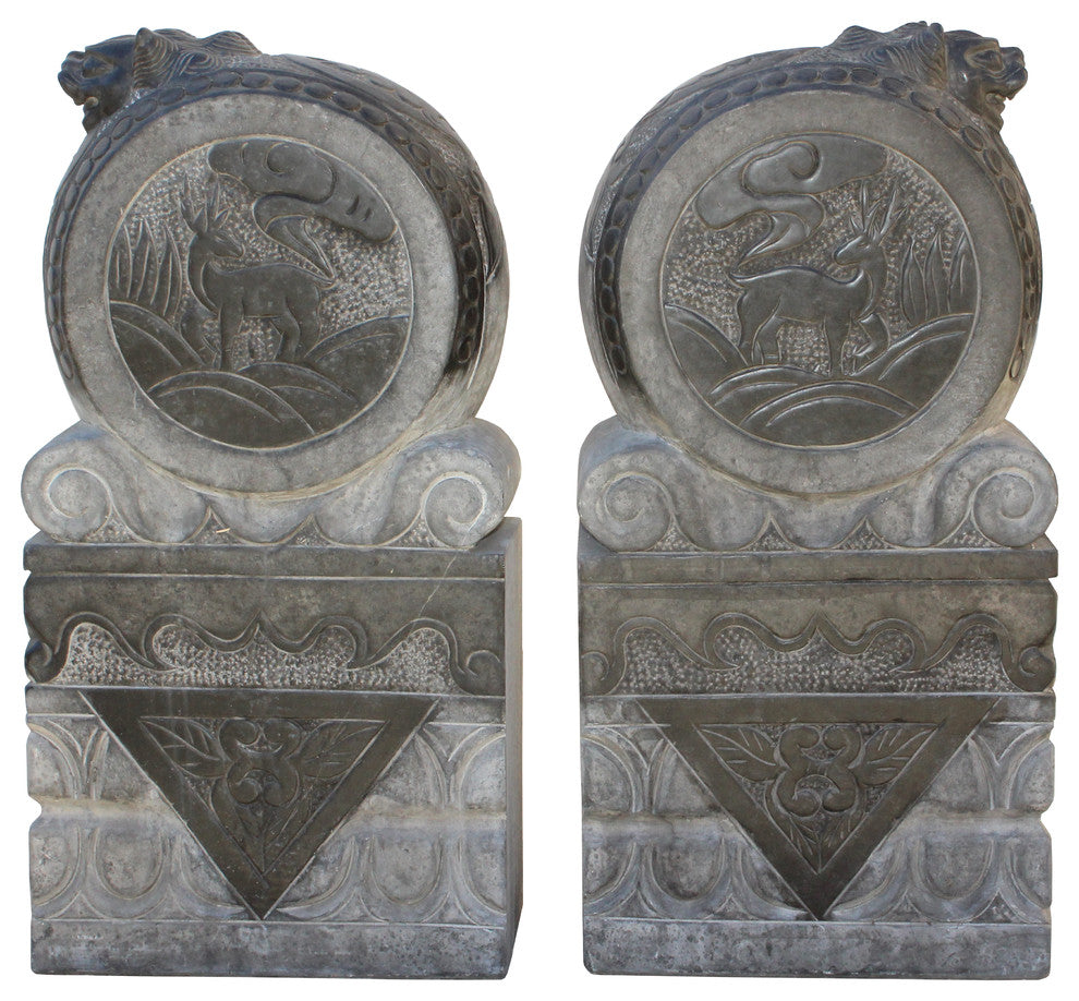 Chinese Pair Gray Black Stone Fengshui Foo Dogs Door Block Drum Statue Hcs4769