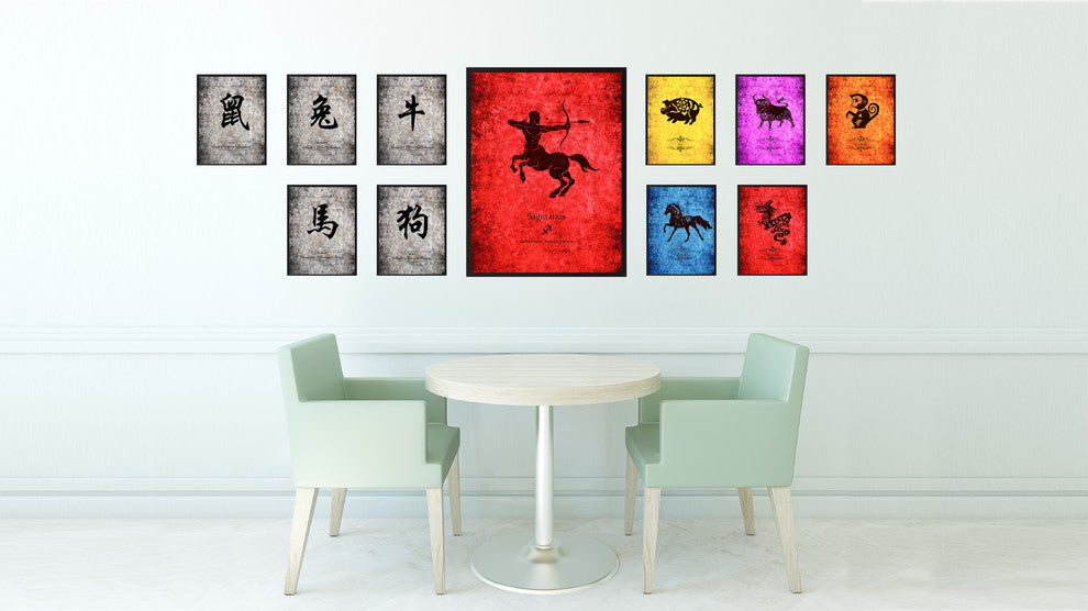 Sagittarius Horoscope Astrology Red Print on Canvas Framed, 28"x37"