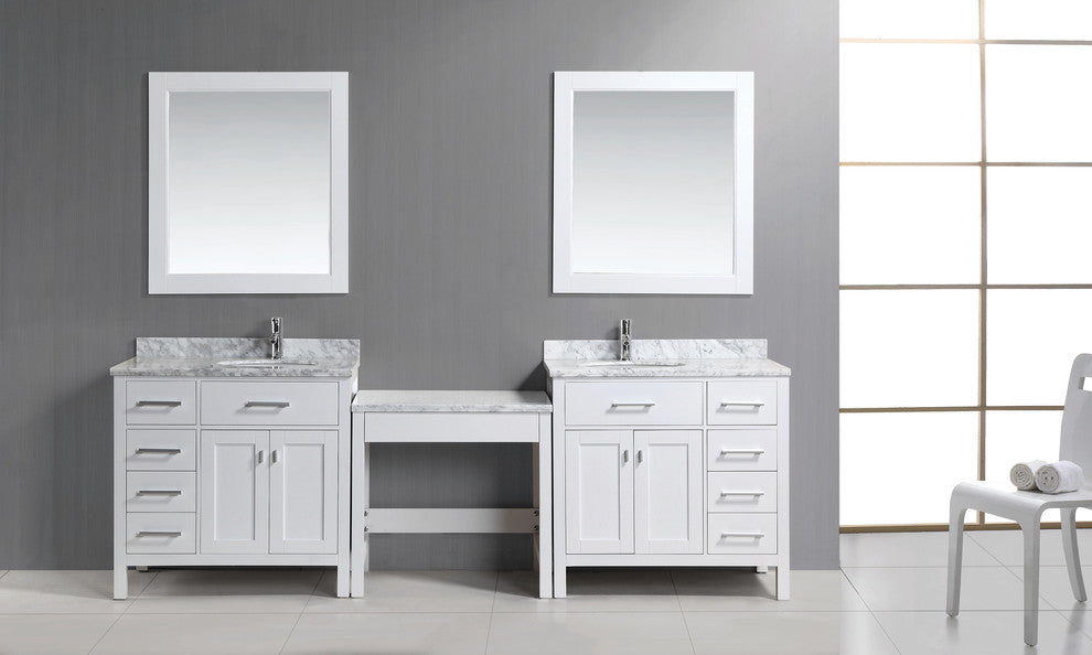 Two London 36" Single Sink Vanity Set With One Make-Up Table, White