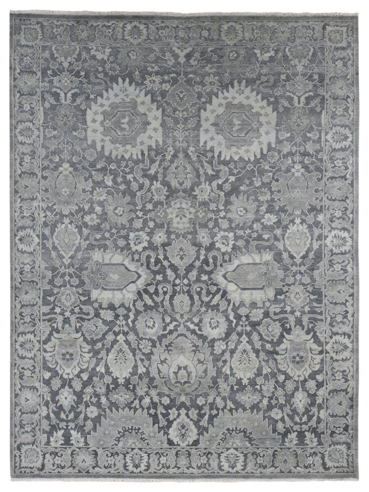 Medium Gray, Hand Knotted, Oushak Influence, Silk With Wool, Rug, 9'x11'10"