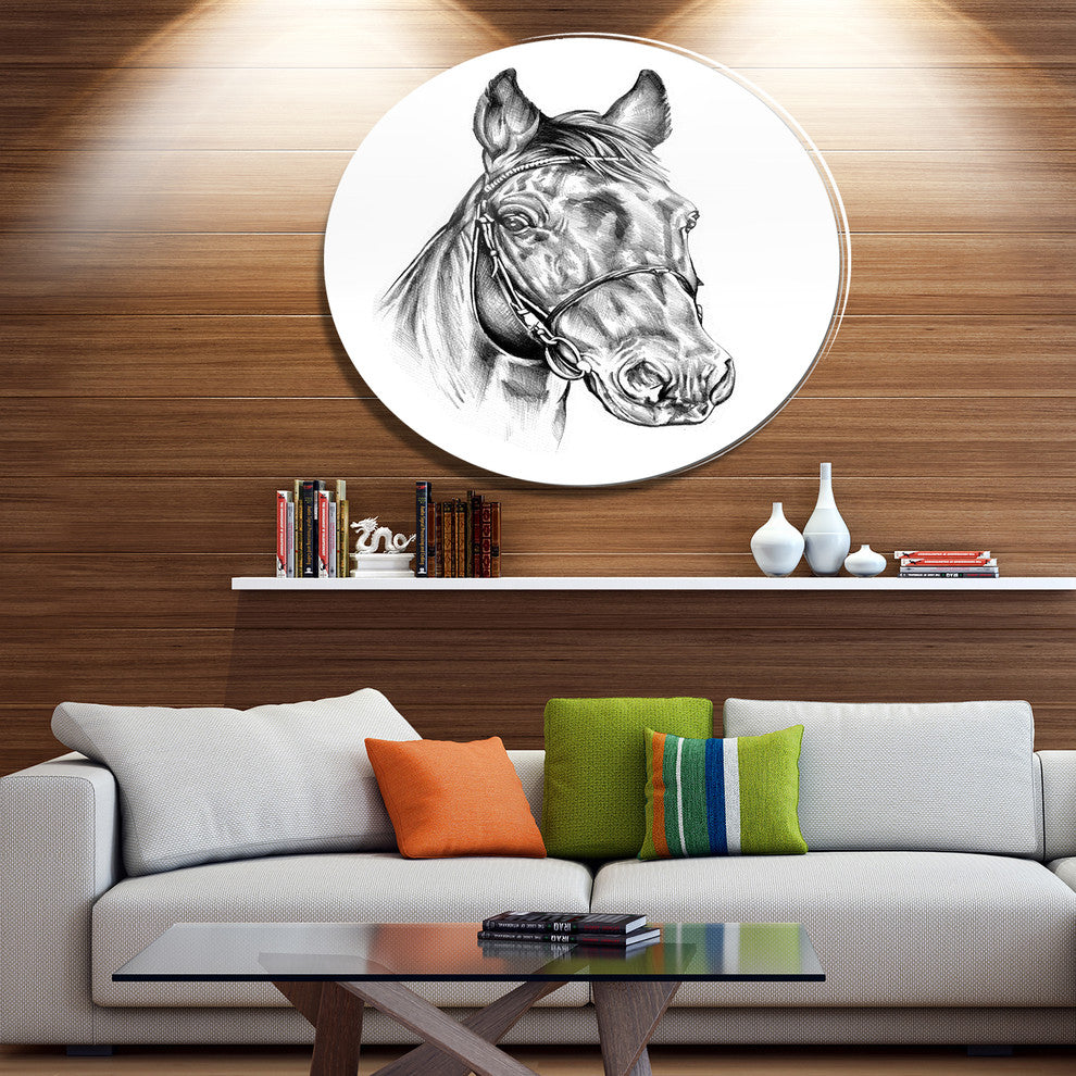 Freehand Horse Head Pencil Drawing, Modern Animal Round Wall Art, 11"