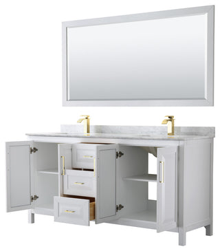 72"DBL Bath Vanity White, Carrara Countertop, Sinks, 70" Mirror, Gold Trim