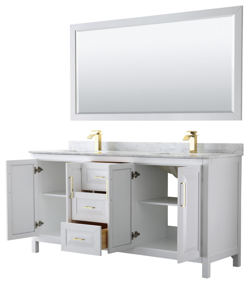 72"DBL Bath Vanity White, Carrara Countertop, Sinks, 70" Mirror, Gold Trim